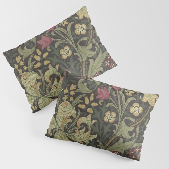 William Morris Vintage Golden Lily Black Charcoal Olive Green Pillow Sham Gallery Image 1