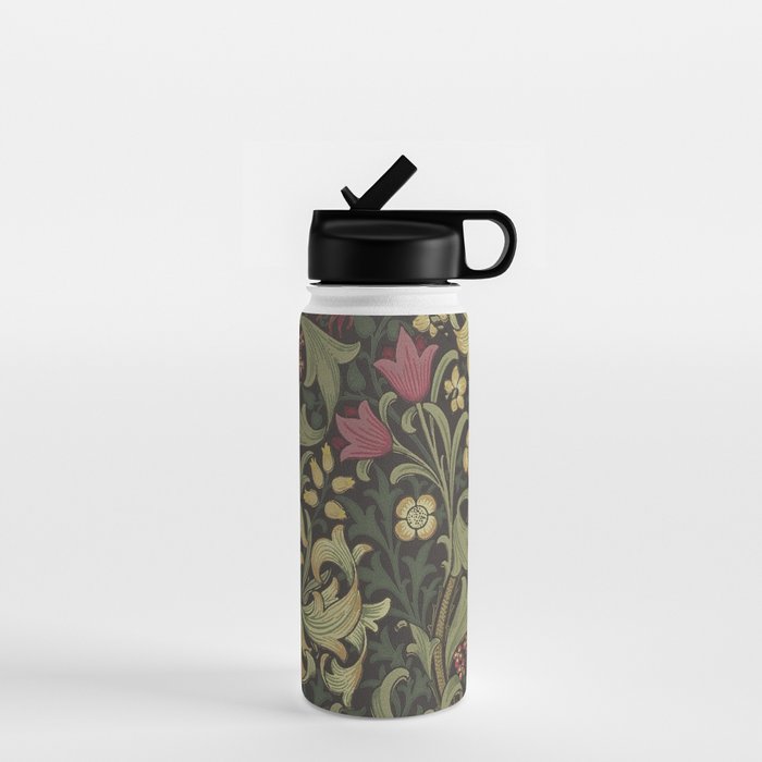 William Morris Vintage Golden Lily Black Charcoal Olive Green Water Bottle Gallery Image 1