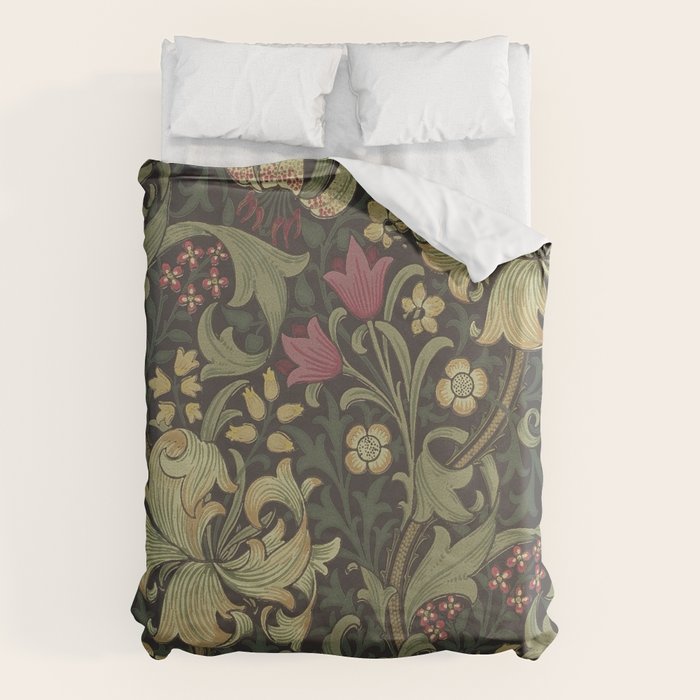 William Morris Vintage Golden Lily Black Charcoal Olive Green Duvet Cover Gallery Image 6