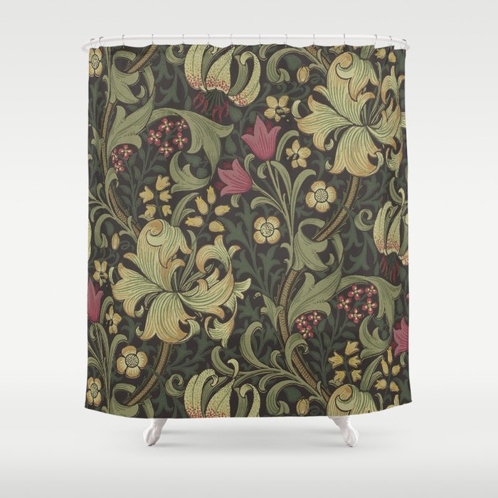 William Morris Vintage Golden Lily Black Charcoal Olive Green Shower Curtain Gallery Image 1
