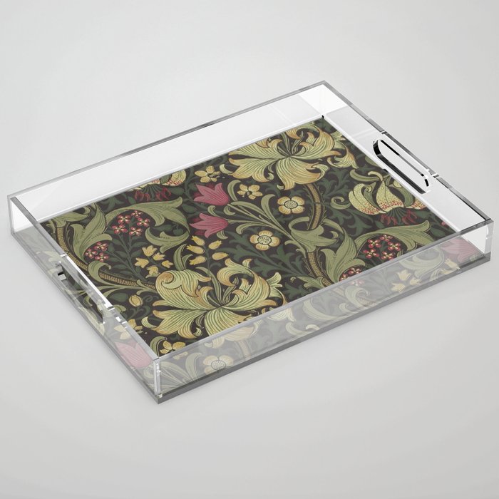 William Morris Vintage Golden Lily Black Charcoal Olive Green Acrylic Tray Gallery Image 1