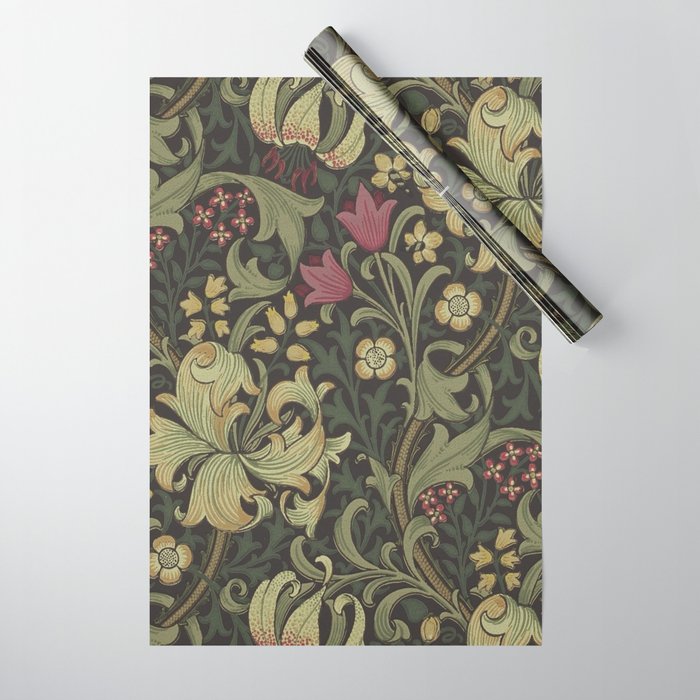 William Morris Vintage Golden Lily Black Charcoal Olive Green Wrapping Paper Gallery Image 1