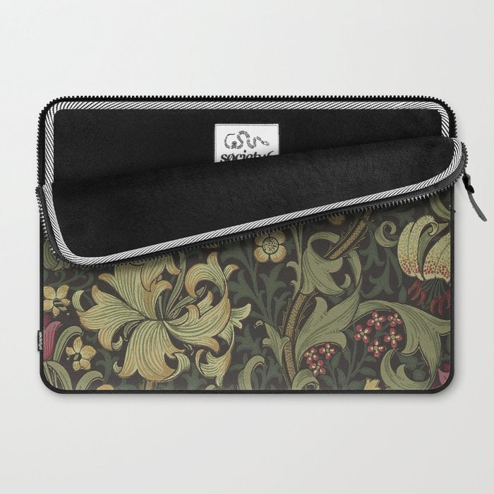 William Morris Vintage Golden Lily Black Charcoal Olive Green Laptop Sleeve Gallery Image 2