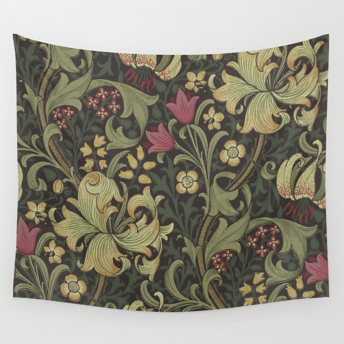 William Morris Vintage Golden Lily Black Charcoal Olive Green Wall Tapestry Gallery Image 4