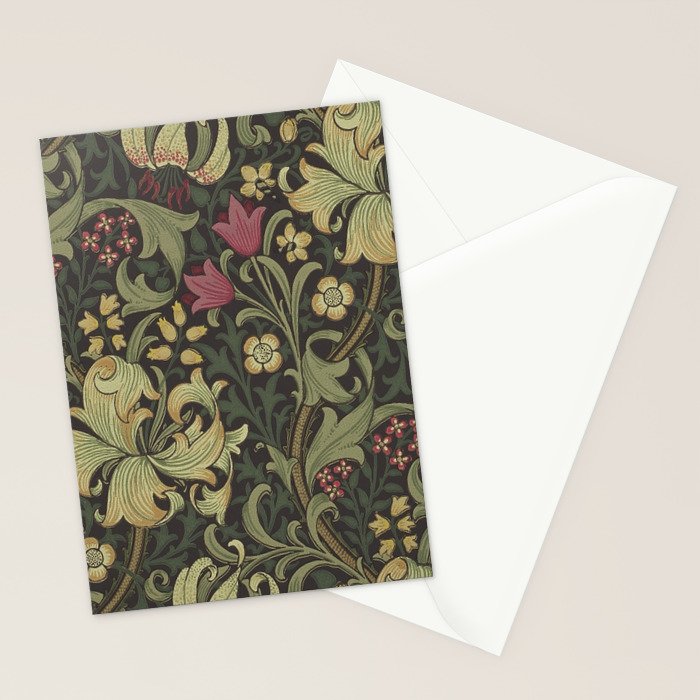 William Morris Vintage Golden Lily Black Charcoal Olive Green Stationery Card Gallery Image 2
