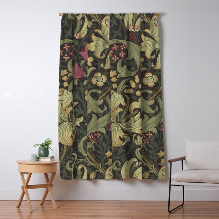 William Morris Vintage Golden Lily Black Charcoal Olive Green Window Curtain Gallery Image 5