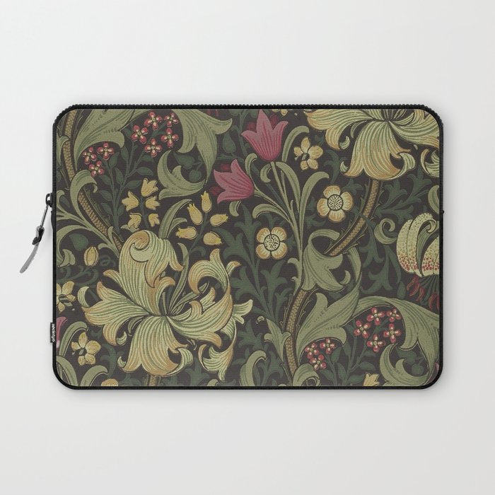 William Morris Vintage Golden Lily Black Charcoal Olive Green Laptop Sleeve Gallery Image 1