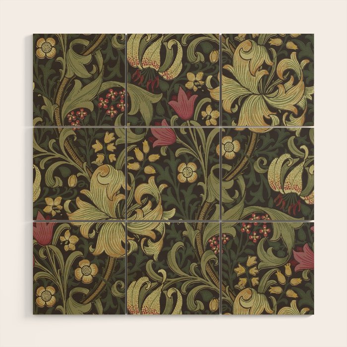 William Morris Vintage Golden Lily Black Charcoal Olive Green Wood Wall Art Gallery Image 1