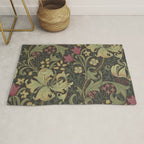 William Morris Vintage Golden Lily Black Charcoal Olive Green Rug Gallery Image 1