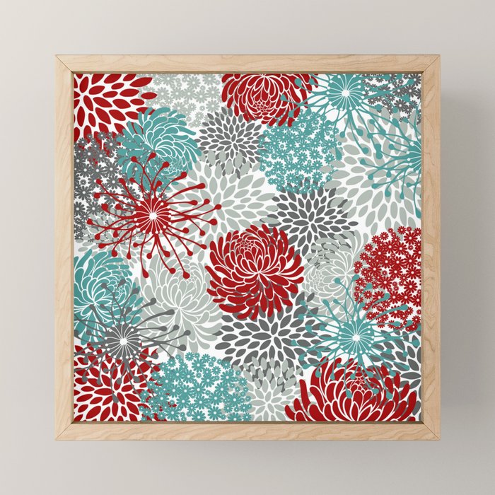 Festive, Flowers in Red, Teal and Gray Mini Art Print Gallery Image 1