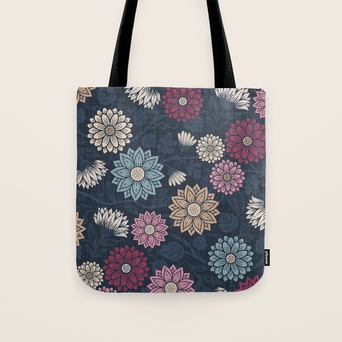 Mums and Vines Floral Burgundy Blues Tote Bag Gallery Image 1