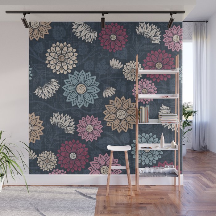 Mums and Vines Floral Burgundy Blues Wall Mural Gallery Image 1