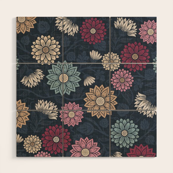 Mums and Vines Floral Burgundy Blues Wood Wall Art Gallery Image 1