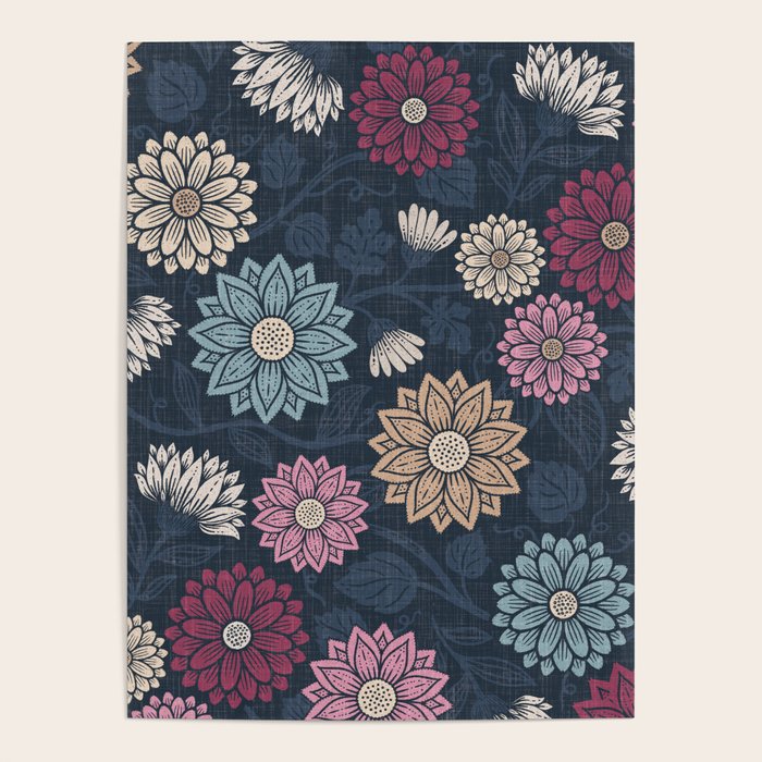 Mums and Vines Floral Burgundy Blues Poster Gallery Image 4