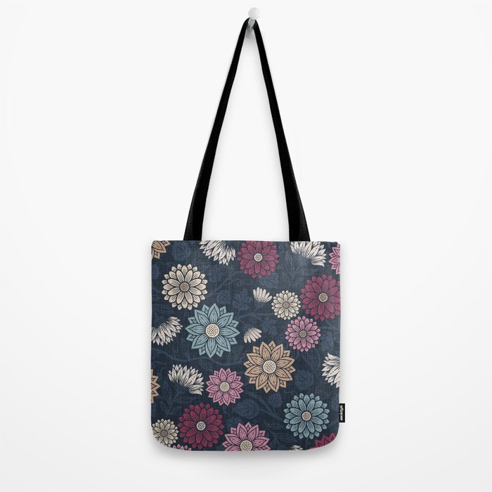Mums and Vines Floral Burgundy Blues Tote Bag Gallery Image 2