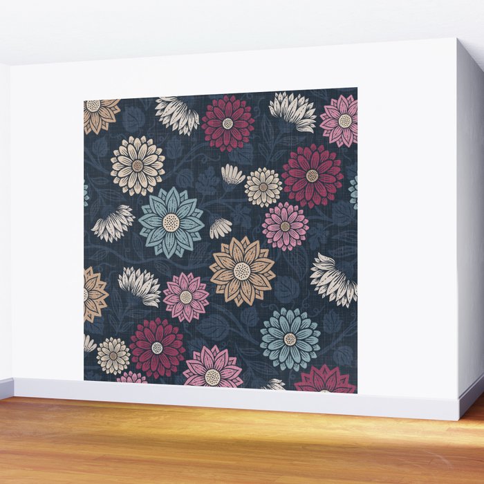 Mums and Vines Floral Burgundy Blues Wall Mural Gallery Image 2