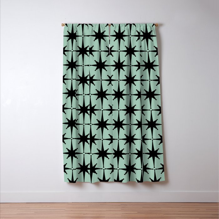 Atomic Age 1950s Retro Starburst Pattern in Black and Mid-Century Modern Mint Window Curtain Gallery Image 3