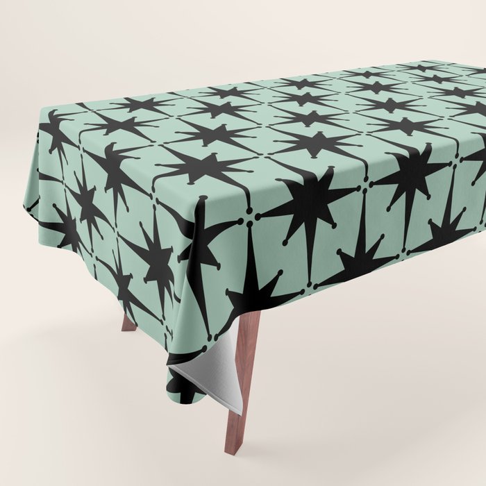 Atomic Age 1950s Retro Starburst Pattern in Black and Mid-Century Modern Mint Tablecloth Gallery Image 1