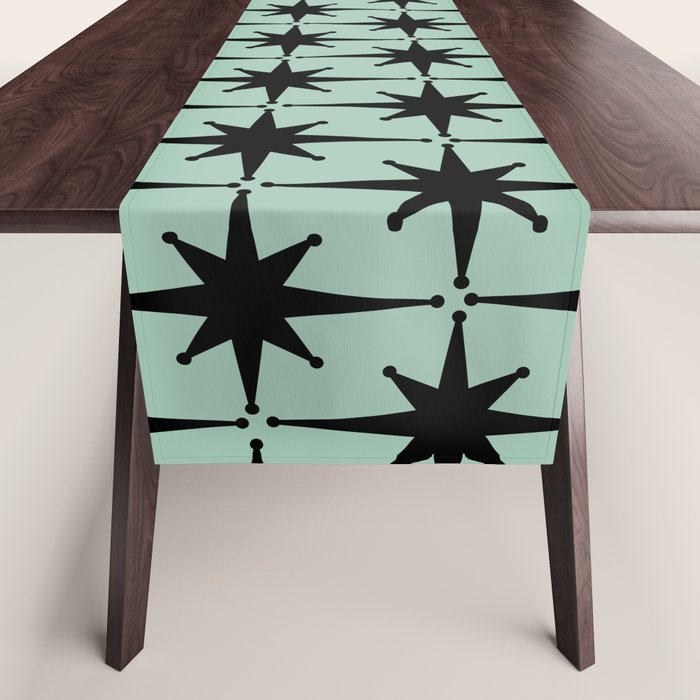 Atomic Age 1950s Retro Starburst Pattern in Black and Mid-Century Modern Mint Table Runner Gallery Image 1