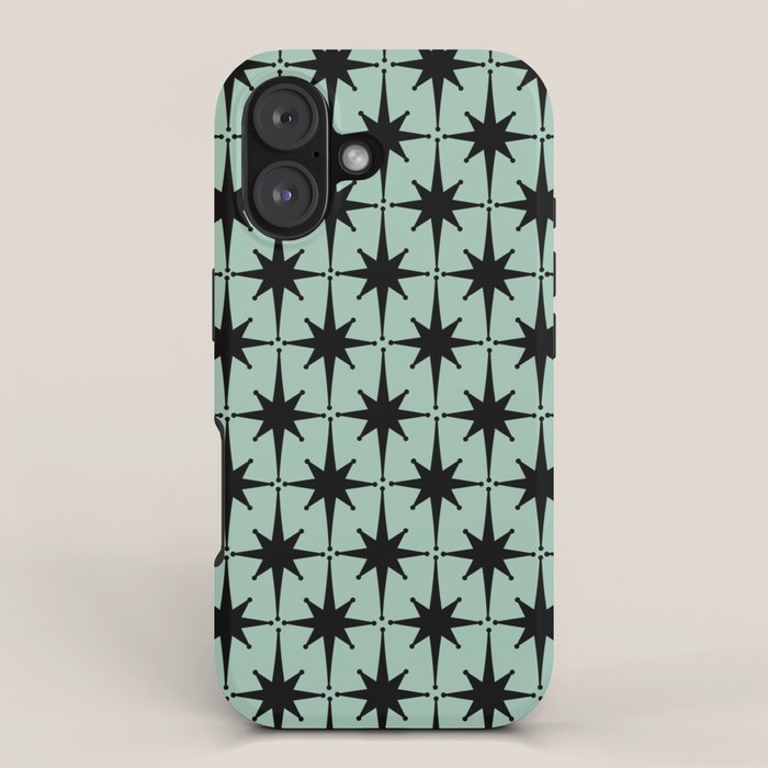 Atomic Age 1950s Retro Starburst Pattern in Black and Mid-Century Modern Mint iPhone Case Gallery Image 1