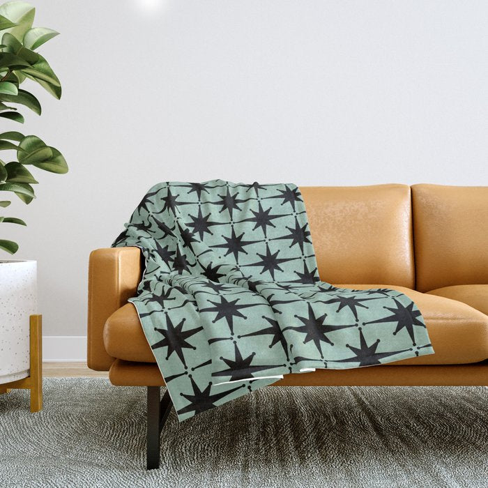 Atomic Age 1950s Retro Starburst Pattern in Black and Mid-Century Modern Mint Throw Blanket Gallery Image 1