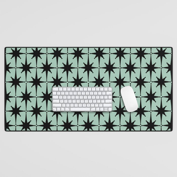 Atomic Age 1950s Retro Starburst Pattern in Black and Mid-Century Modern Mint Desk Mat Gallery Image 1
