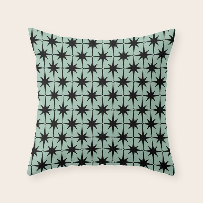 Atomic Age 1950s Retro Starburst Pattern in Black and Mid-Century Modern Mint Throw Pillow Gallery Image 1