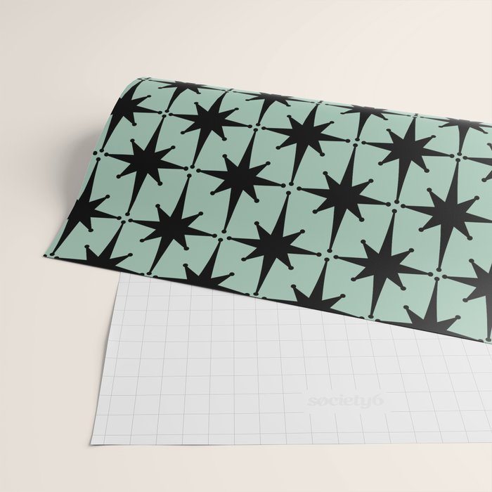Atomic Age 1950s Retro Starburst Pattern in Black and Mid-Century Modern Mint Wrapping Paper Gallery Image 2