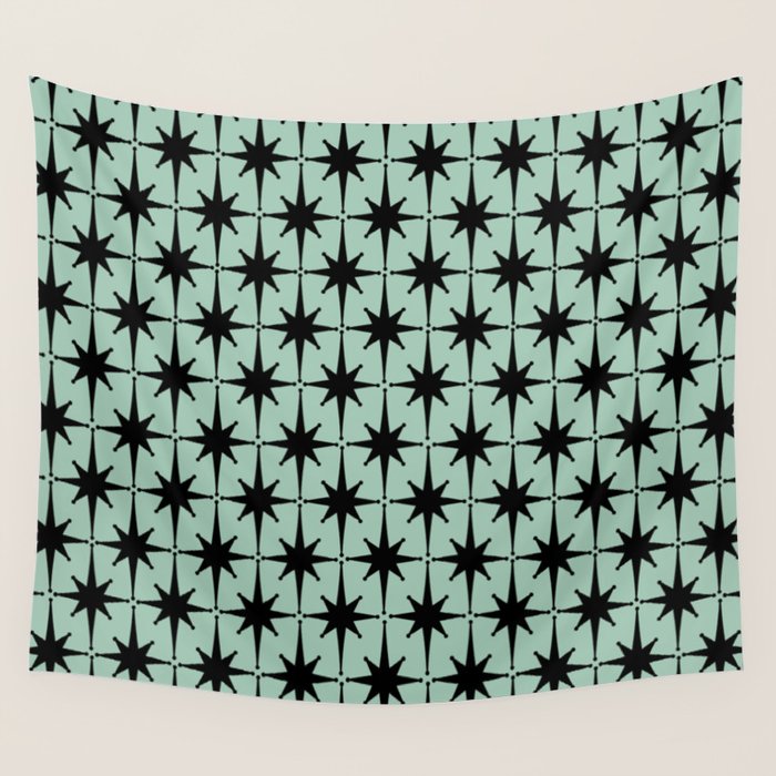 Atomic Age 1950s Retro Starburst Pattern in Black and Mid-Century Modern Mint Wall Tapestry Gallery Image 4