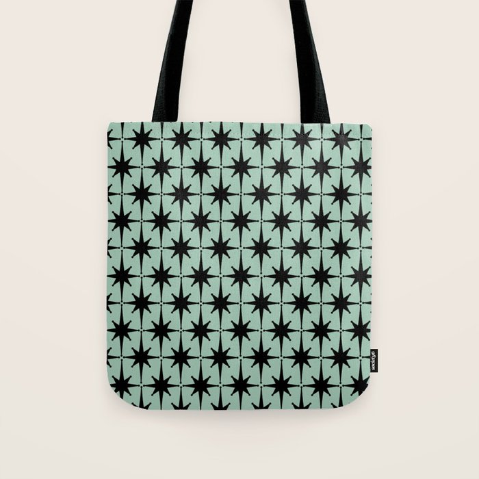 Atomic Age 1950s Retro Starburst Pattern in Black and Mid-Century Modern Mint Tote Bag Gallery Image 1