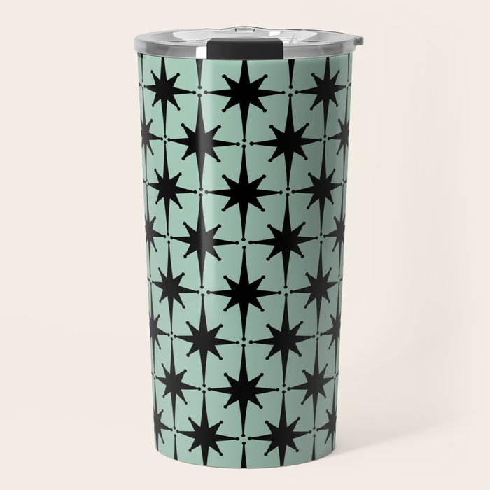 Atomic Age 1950s Retro Starburst Pattern in Black and Mid-Century Modern Mint Travel Mug Gallery Image 1