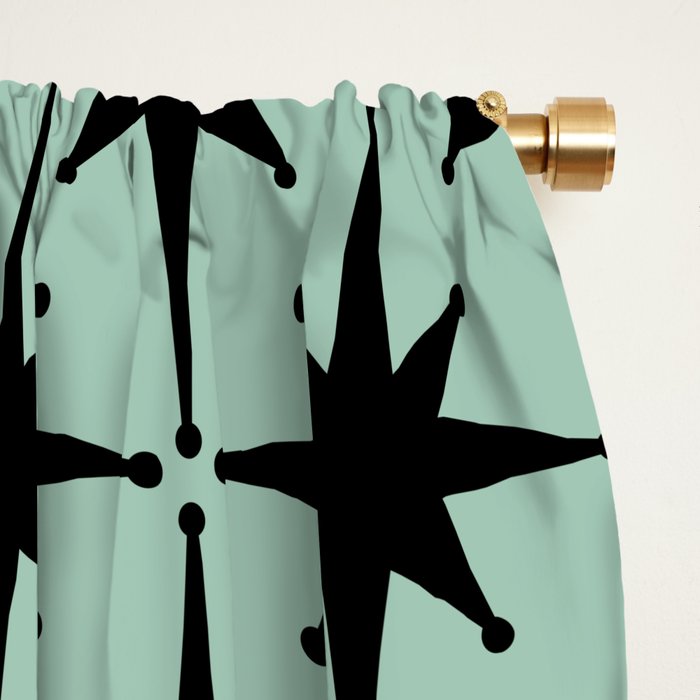 Atomic Age 1950s Retro Starburst Pattern in Black and Mid-Century Modern Mint Window Curtain Gallery Image 2