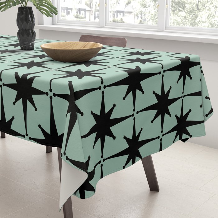 Atomic Age 1950s Retro Starburst Pattern in Black and Mid-Century Modern Mint Tablecloth Gallery Image 3
