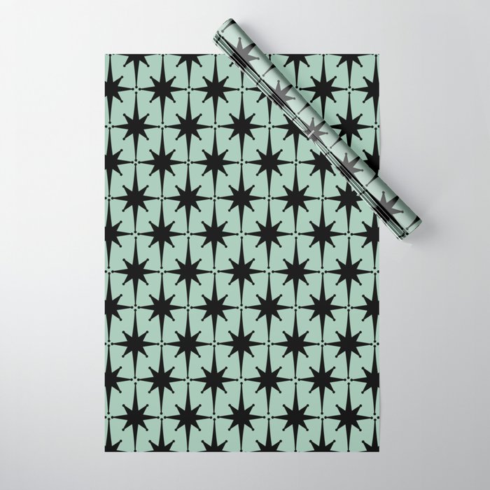Atomic Age 1950s Retro Starburst Pattern in Black and Mid-Century Modern Mint Wrapping Paper Gallery Image 1