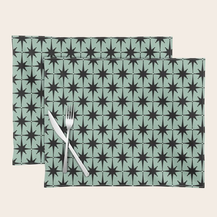 Atomic Age 1950s Retro Starburst Pattern in Black and Mid-Century Modern Mint Placemat Gallery Image 1