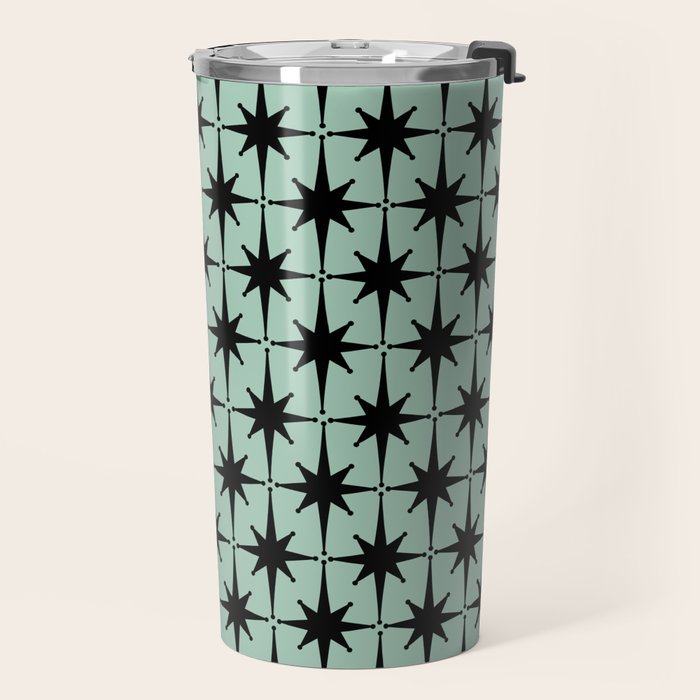 Atomic Age 1950s Retro Starburst Pattern in Black and Mid-Century Modern Mint Travel Mug Gallery Image 2