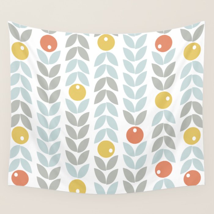 Mid Century Modern Retro Leaf and Circle Pattern Wall Tapestry Gallery Image 1