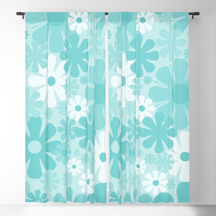 Retro 60s 70s Aesthetic Floral Pattern in Light Turquoise Aqua Blue Window Curtain Gallery Image 1