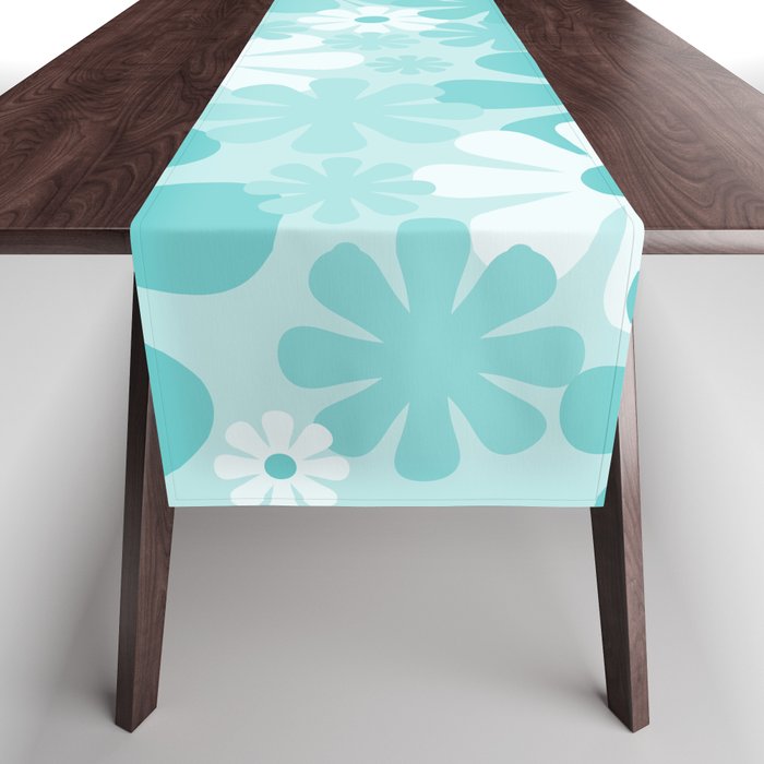 Retro 60s 70s Aesthetic Floral Pattern in Light Turquoise Aqua Blue Table Runner Gallery Image 1