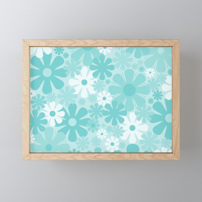 Retro 60s 70s Aesthetic Floral Pattern in Light Turquoise Aqua Blue Mini Art Print Gallery Image 1