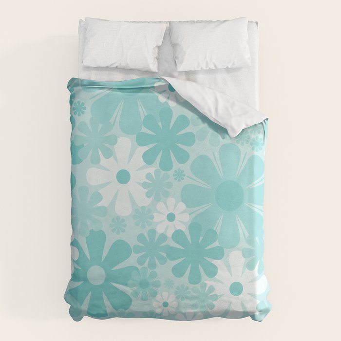 Retro 60s 70s Aesthetic Floral Pattern in Light Turquoise Aqua Blue Duvet Cover Gallery Image 1