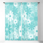 Retro 60s 70s Aesthetic Floral Pattern in Light Turquoise Aqua Blue Window Curtain Gallery Image 5