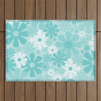 Retro 60s 70s Aesthetic Floral Pattern in Light Turquoise Aqua Blue Outdoor Rug Gallery Image 1