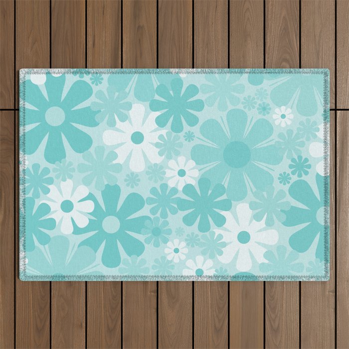 Retro 60s 70s Aesthetic Floral Pattern in Light Turquoise Aqua Blue Outdoor Rug Gallery Image 1