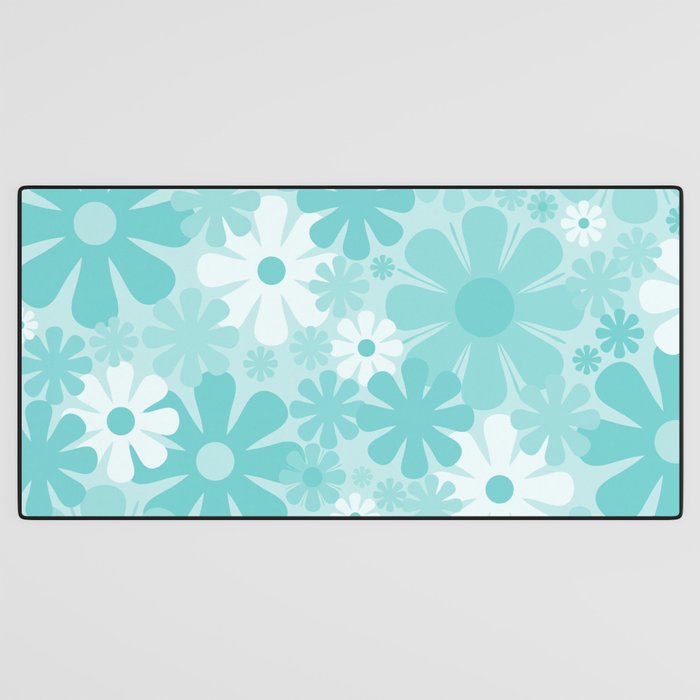 Retro 60s 70s Aesthetic Floral Pattern in Light Turquoise Aqua Blue Desk Mat Gallery Image 3