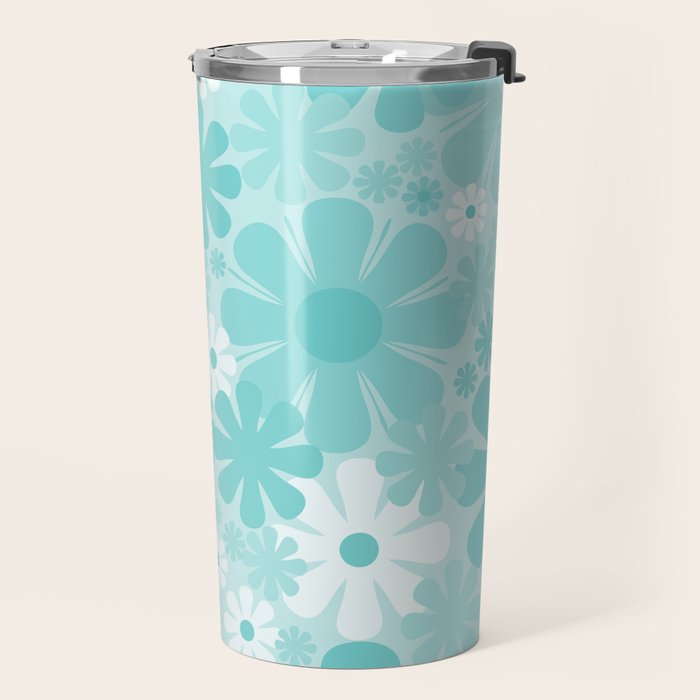 Retro 60s 70s Aesthetic Floral Pattern in Light Turquoise Aqua Blue Travel Mug Gallery Image 2