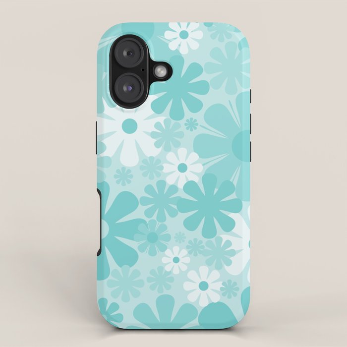 Retro 60s 70s Aesthetic Floral Pattern in Light Turquoise Aqua Blue iPhone Case Gallery Image 1