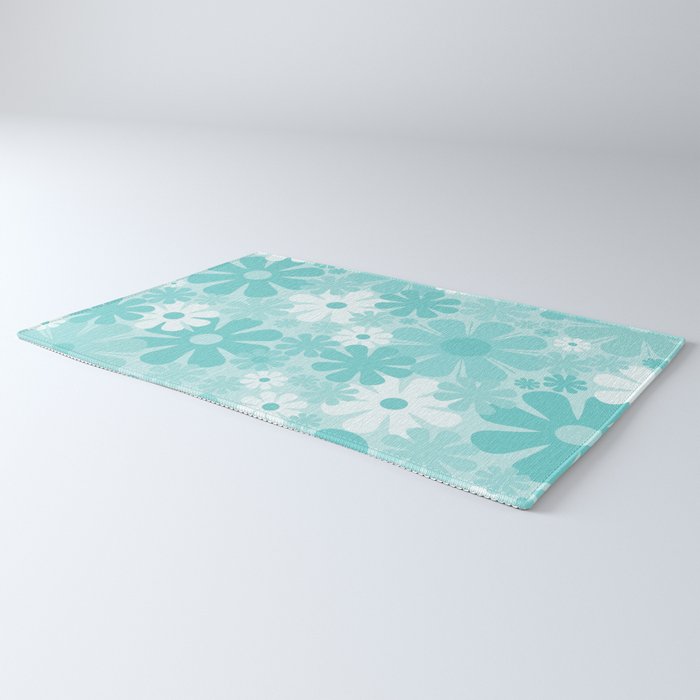 Retro 60s 70s Aesthetic Floral Pattern in Light Turquoise Aqua Blue Rug Gallery Image 3
