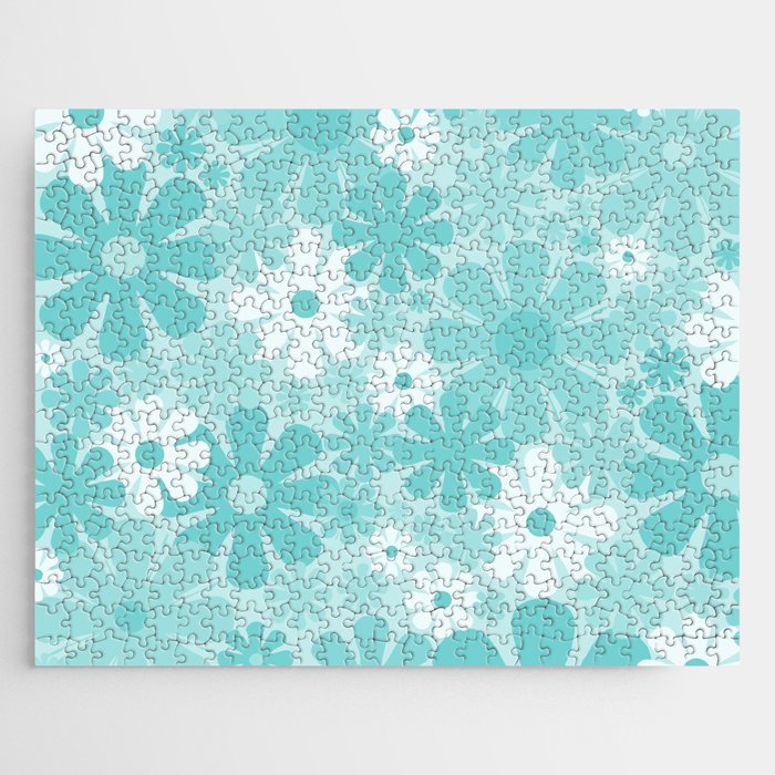 Retro 60s 70s Aesthetic Floral Pattern in Light Turquoise Aqua Blue Jigsaw Puzzle Gallery Image 1