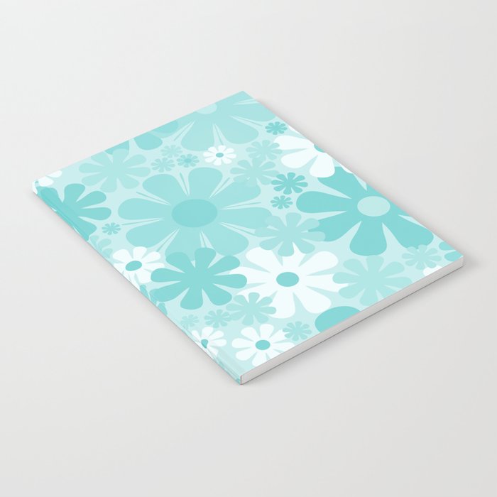Retro 60s 70s Aesthetic Floral Pattern in Light Turquoise Aqua Blue Notebook Gallery Image 1